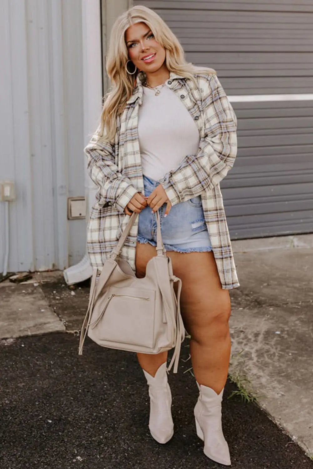 Chic white plaid plus size shacket - Love Salve